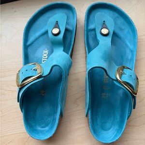 Birkenstock Turquoise Gizeh Sandals with Gold Big Buckle